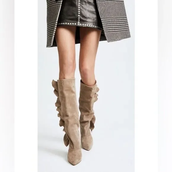 NIB IRO Cidravol Ruffle-Trim Suede Slouchy Knee-High Boots in Taupe $760 size 36 - Picture 3 of 14